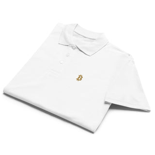 Premium Bitcoin Poloshirt mit Gold Stick in white von BITVESTIS
