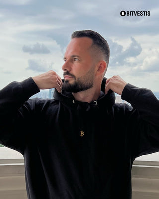 PREMIUM ₿ GOLD STICK HOODIE in Schwarz S ( von BITVESTIS)