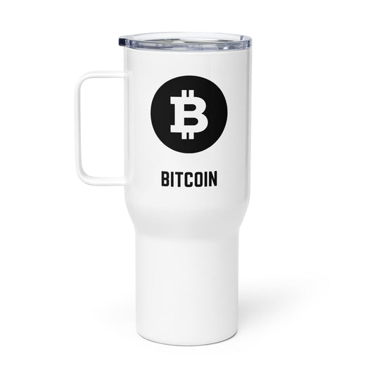 BITCOIN THERMOBECHER-Bitcoin Reisebecher aus Edelstahl mit schwarzem Logo und auslaufsicherem Deckel.