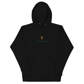 21 Million Club Bitcoin Hoodie in Schwarz – Der perfekte Hoodie mit goldenen Bitcoin-Logo und komfortabler Beuteltasche.