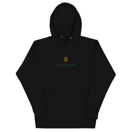21 Million Club Bitcoin Hoodie in Schwarz – Der perfekte Hoodie mit goldenen Bitcoin-Logo und komfortabler Beuteltasche.