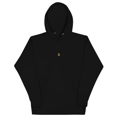 Premium Bitcoin Hoodie in Schwarz mit gesticktem Bitcoin ₿-Logo auf der Vorderseite.