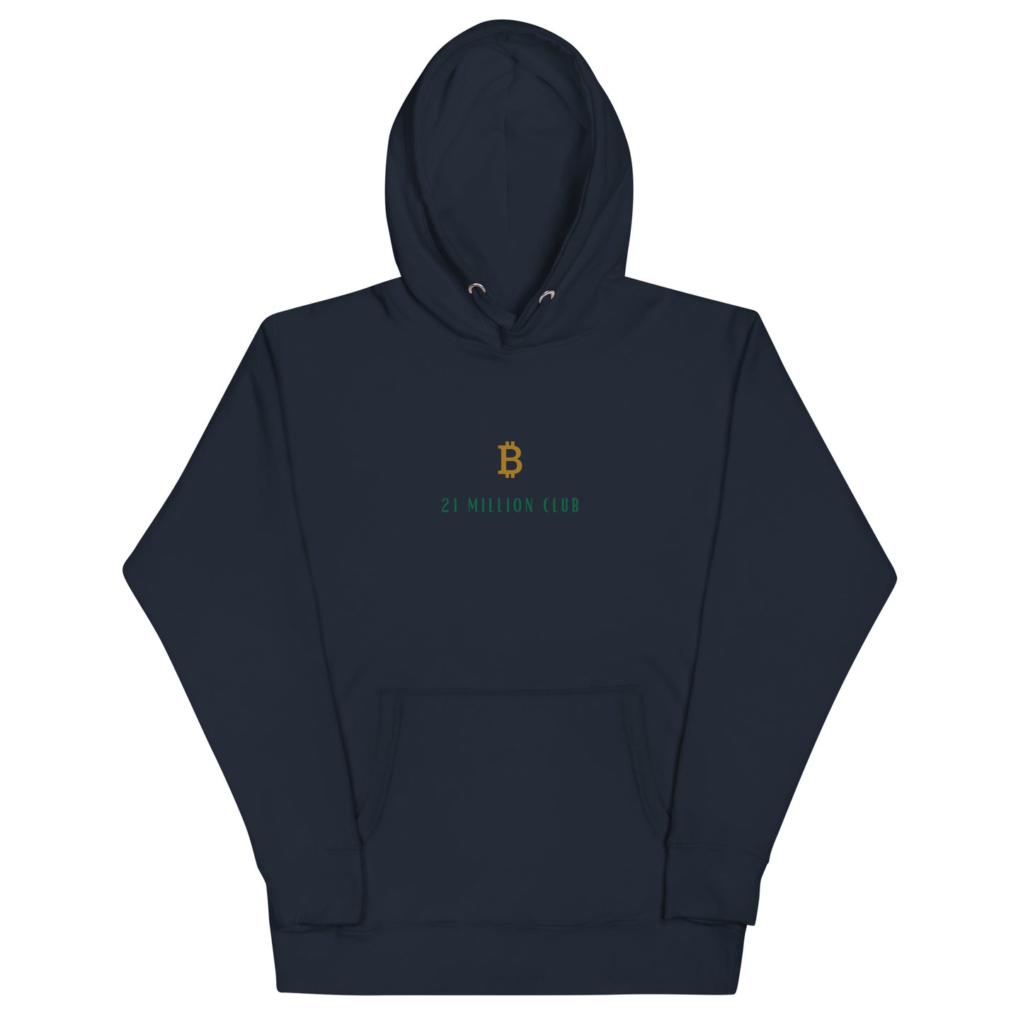 21 Million Club Hoodie Bitcoin BTC 21 Million Club Bitcoin Hoodie in Navy Blau – Kombiniere Komfort und Stil mit dem goldenen Bitcoin-Logo und einer praktischen Beuteltasche.