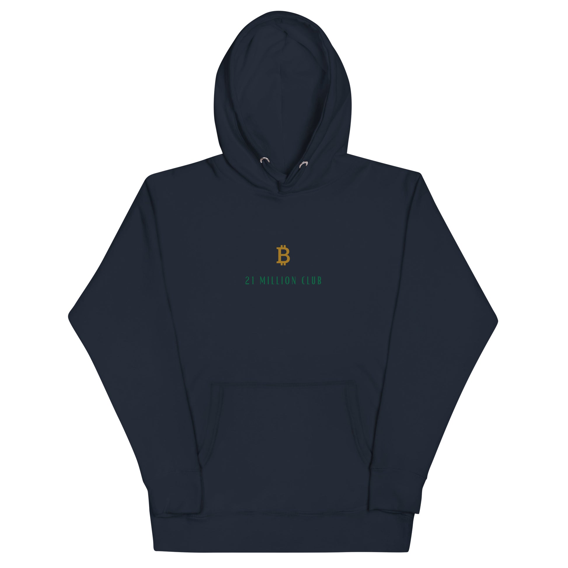 21 Million Club Hoodie Bitcoin BTC 21 Million Club Bitcoin Hoodie in Navy Blau – Kombiniere Komfort und Stil mit dem goldenen Bitcoin-Logo und einer praktischen Beuteltasche.