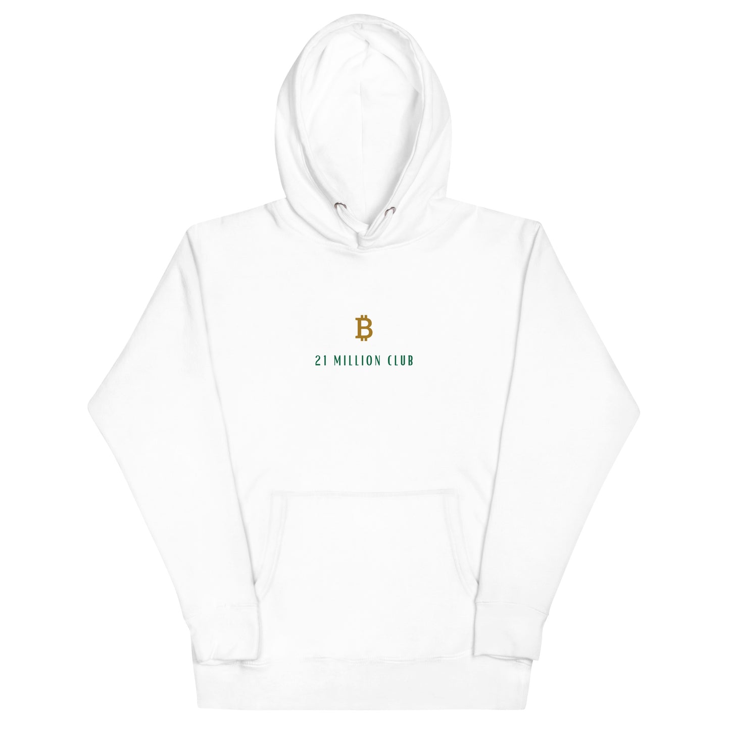 21 Million Club Bitcoin Hoodie in Weiß – Mit goldenen Bitcoin-Logo und praktischer Beuteltasche für einen stylischen und komfortablen Look