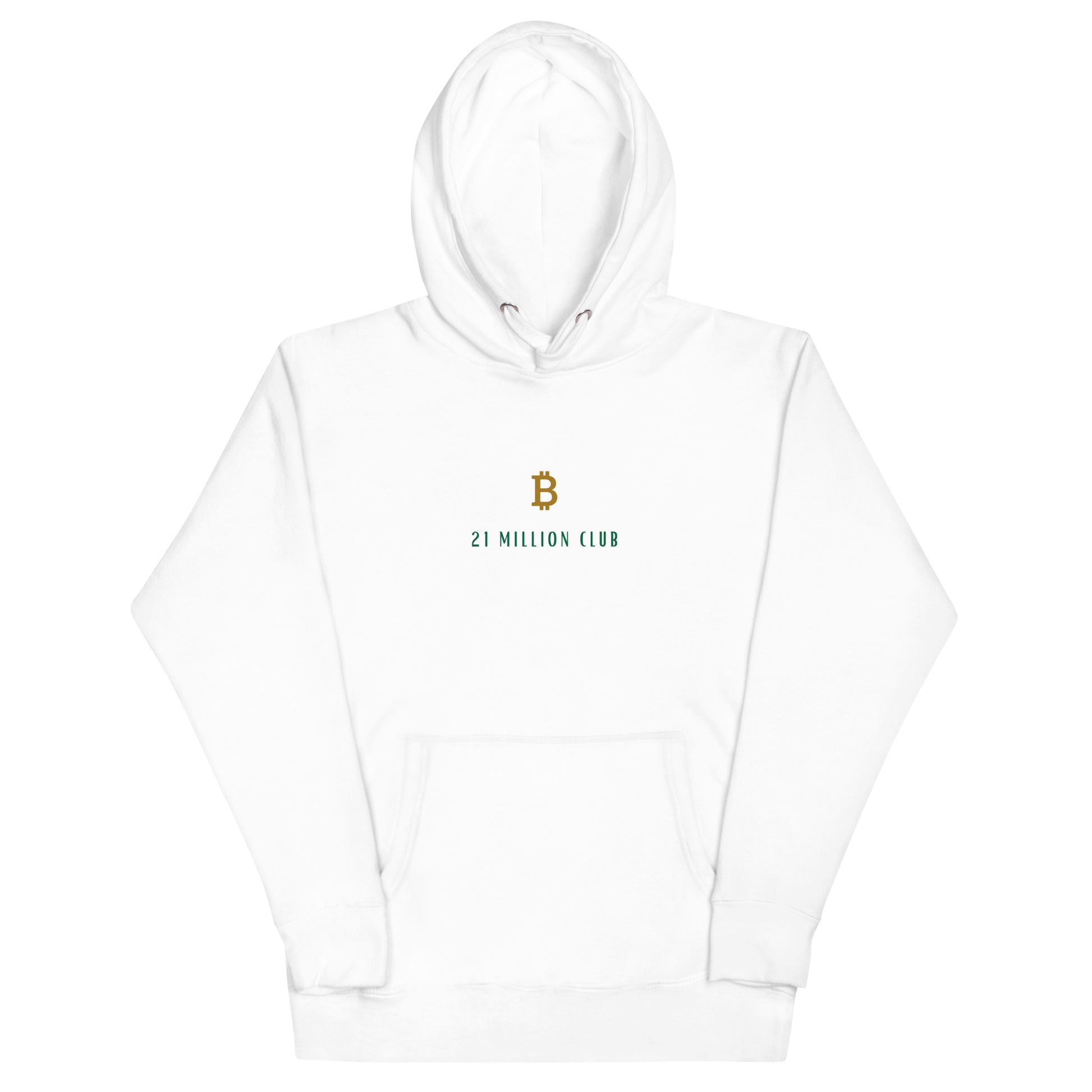 21 Million Club Bitcoin Hoodie in Weiß – Mit goldenen Bitcoin-Logo und praktischer Beuteltasche für einen stylischen und komfortablen Look