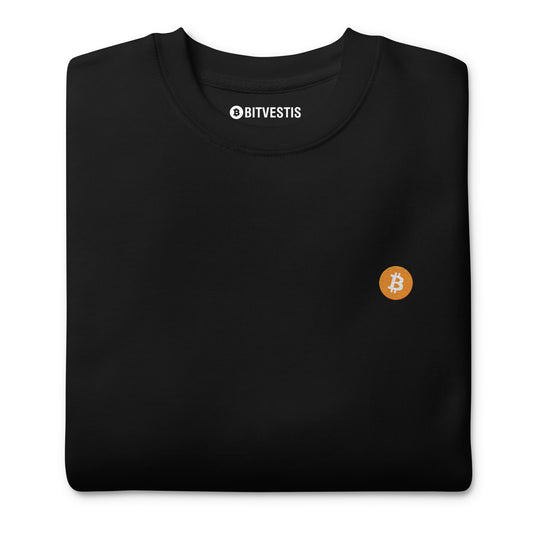 Bitcoin Pullover Vorderseite mit gesticktem Logo, ideal für Krypto-Enthusiasten.